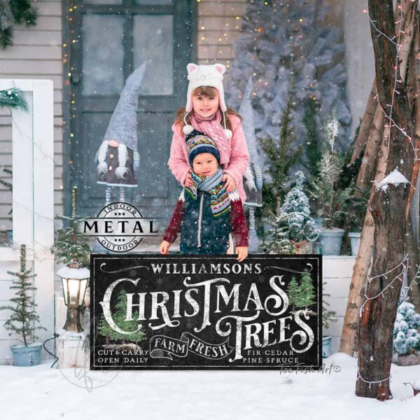 Farm Fresh Christmas Trees Personalized Sign Holiday Winter Christmas Home Decor Canvas or Outdoor Metal Sign handmade by ToeFishArt. Original, custom, personalized wall decor signs. Canvas, Wood or Metal. Rustic modern farmhouse, cottagecore, vintage, retro, industrial, Americana, primitive, country, coastal, minimalist.