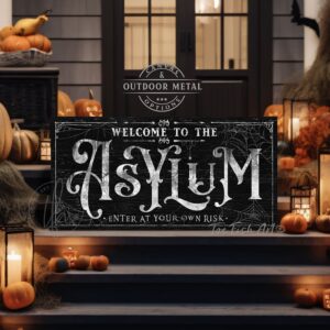 Asylum Outdoor Metal or Canvas Personalize-able Halloween Decor with wording options handmade and built to last a lifetime by ToeFishArt. Original, custom, personalized wall decor signs. Canvas, Wood or Metal. Rustic modern farmhouse, cottagecore, vintage, retro, industrial, Americana, primitive, country, coastal, minimalist.