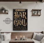 Bar & Grill Personalized Name Date Sign Canvas or Outdoor Metal options handmade by ToeFishArt. Original, custom, personalized wall decor signs. Canvas, Wood or Metal. Rustic modern farmhouse, cottagecore, vintage, retro, industrial, Americana, primitive, country, coastal, minimalist.