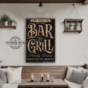 Bar & Grill Personalized Name Date Sign Canvas or Outdoor Metal options handmade by ToeFishArt. Original, custom, personalized wall decor signs. Canvas, Wood or Metal. Rustic modern farmhouse, cottagecore, vintage, retro, industrial, Americana, primitive, country, coastal, minimalist.