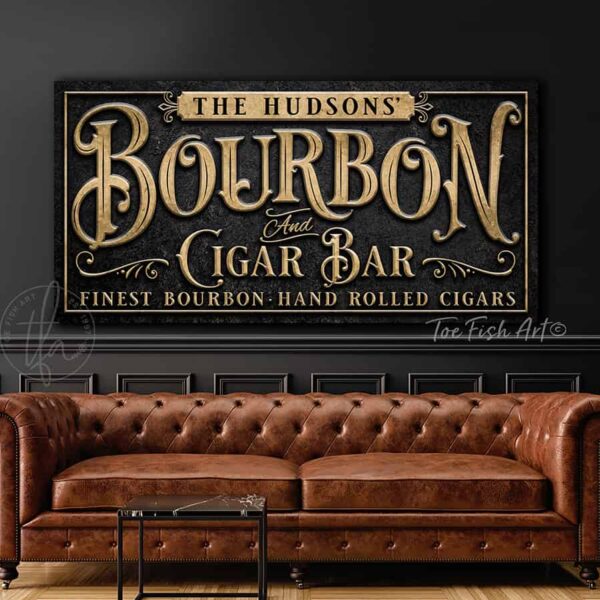 ToeFishArt Bourbon and Cigar Bar Canvas or Outdoor Metal Personalized Sign, Slate Black with Rustic Gold lettering, Finest Bourbon Hand Rolled Cigars handmade by ToeFishArt. Personalize-able Canvas or Outdoor Exterior Commercial-Grade Metal Sign handmade in the USA and built to last a lifetime by ToeFishArt. Add your family name and date to this beautiful artwork for unique eye-catching appeal indoors or for your outdoor living space. Color options available. Original, custom, personalized wall decor signs. Canvas, Wood or Metal. Rustic modern farmhouse, cottagecore, vintage, retro, industrial, Americana, primitive, country, coastal, minimalist.