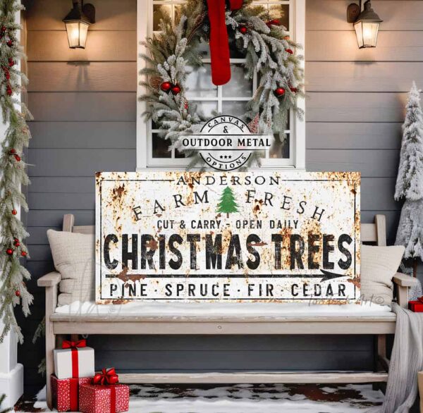 ToeFishArt handmade in the USA built to last canvas or metal décor. Farm Fresh Christmas Trees Canvas or Metal Personalize-able Sign Vintage Style Rustic Holiday Decor decoration for family and friends Christmas winter holiday meals and gatherings. Original, custom, personalized wall decor signs. Canvas, Wood or Metal. Rustic modern farmhouse, cottagecore, vintage, retro, industrial, Americana, primitive, country, coastal, minimalist. handmade in the USA by ToeFishArt. Original, custom, personalized wall decor signs. Canvas, Wood or Metal. Rustic modern farmhouse, cottagecore, vintage, retro, industrial, Americana, primitive, country, coastal, minimalist.