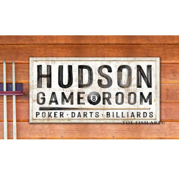 Game Room Sign handmade by ToeFishArt. Original, custom, personalized wall decor signs. Canvas, Wood or Metal. Rustic modern farmhouse, cottagecore, vintage, retro, industrial, Americana, primitive, country, coastal, minimalist.