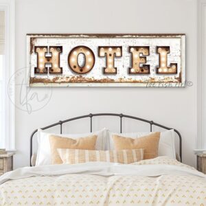 Hotel or Motel "Marquee"-style Sign handmade by ToeFishArt. Original, custom, personalized wall decor signs. Canvas, Wood or Metal. Rustic modern farmhouse, cottagecore, vintage, retro, industrial, Americana, primitive, country, coastal, minimalist.