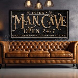 Man Cave Personalize-able Canvas or Metal Rustic-Industrial Sign, Custom Options, wall hanging canvas or outdoor exterior metal great for outdoor living spaces wall decor handmade in the USA by the Toe Fish Art family artists. Original, custom, personalized wall decor signs. Canvas, Wood or Metal. Rustic modern farmhouse, cottagecore, vintage, retro, industrial, Americana, primitive, country, coastal, minimalist.