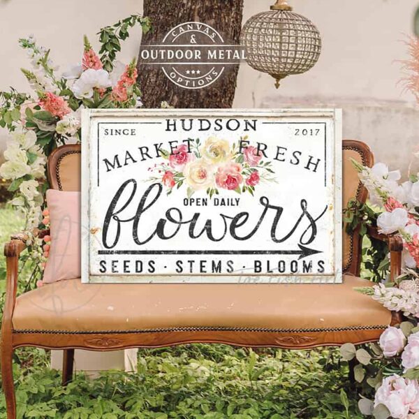 Market Fresh Flowers Personalize-able Canvas or Outdoor Exterior Commercial-Grade Metal Sign handmade in the USA and built to last a lifetime by ToeFishArt. Add your family name to this beautiful vibrant colorful roses bouquet artwork for unique eye-catching curb appeal. Original, custom, personalized wall decor signs. Canvas, Wood or Metal. Rustic modern farmhouse, cottagecore, vintage, retro, industrial, Americana, primitive, country, coastal, minimalist.