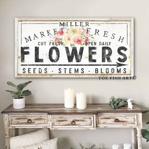 Market Fresh Flowers Personalize-able Canvas or Outdoor Exterior Commercial-Grade Metal Sign handmade in the USA and built to last a lifetime by ToeFishArt. Add your family name to this beautiful vibrant colorful roses bouquet artwork for unique eye-catching curb appeal. Original, custom, personalized wall decor signs. Canvas, Wood or Metal. Rustic modern farmhouse, cottagecore, vintage, retro, industrial, Americana, primitive, country, coastal, minimalist.