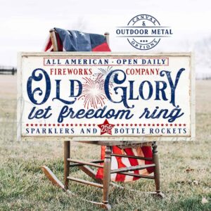 Old Glory Fireworks Company Sign handmade by ToeFishArt. Original, custom, personalized wall decor signs. Canvas, Wood or Metal. Rustic modern farmhouse, cottagecore, vintage, retro, industrial, Americana, primitive, country, coastal, minimalist.