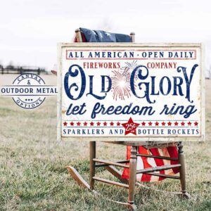 Old Glory Fireworks Company Sign Canvas or Outdoor Metal handmade by ToeFishArt. Original, custom, personalized wall decor signs. Canvas, Wood or Metal. Rustic modern farmhouse, cottagecore, vintage, retro, industrial, Americana, primitive, country, coastal, minimalist.