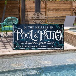 Pool & Patio Personalize-able Canvas or Outdoor Exterior Commercial-Grade Metal Sign handmade in the USA and built to last a lifetime by ToeFishArt. Add your family name to this beautiful vibrant colorful kraken octopus nautical pirates Caribbean theme artwork for unique eye-catching appeal. Original, custom, personalized wall decor signs. Canvas, Wood or Metal. Rustic modern farmhouse, cottagecore, vintage, retro, industrial, Americana, primitive, country, coastal, minimalist.