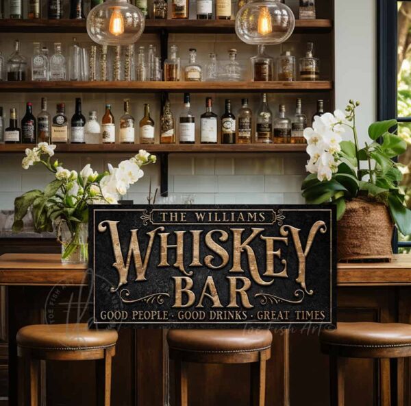 Whiskey Bar Personalize-able Canvas or Metal Rustic-Industrial Sign, Custom Color Options, wall hanging canvas or outdoor exterior metal great for outdoor living spaces outdoor kitchen and Bar area patio wall decor handmade in the USA by the Toe Fish Art family artists. Original, custom, personalized wall decor signs. Canvas, Wood or Metal. Rustic modern farmhouse, cottagecore, vintage, retro, industrial, Americana, primitive, country, coastal, minimalist.