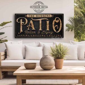 Patio Relax & Enjoy canvas or outdoor metal sign personalize-able SIPPING GRILLING CHILLING handmade by ToeFishArt. Original, custom, personalized wall decor signs. Canvas, Wood or Metal. Rustic modern farmhouse, cottagecore, vintage, retro, industrial, Americana, primitive, country, coastal, minimalist.