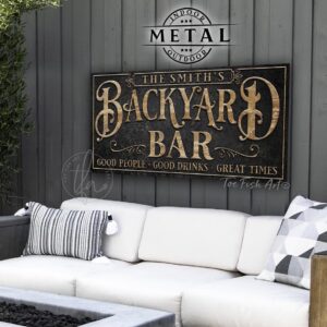 Toe Fish Art Personalize-able Backyard Bar sign Canvas or Outdoor Metal, Welcome to our Backyard Bar, It's always happy hour, Good people Good drinks Great times, Sipping Grilling Chilling, Proudly serving whatever you brought, Stylish Chic slate Black with Knotty Tan Woodgrain lettering back deck patio sign handmade by ToeFishArt. Outdoor Exterior Commercial-Grade durable Metal Sign handmade in the USA and built to last a lifetime by the Toe Fish Art family artisans. Add your custom Name to this beautiful original artwork for unique eye-catching decor indoors or outdoors. Original, custom, personalized wall decor signs. Canvas, Wood or Metal. Rustic modern farmhouse, cottagecore, vintage, retro, industrial, Americana, primitive, country, coastal, minimalist.