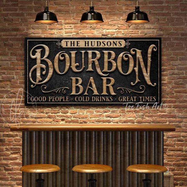 Toe Fish Art Personalize-able custom Bourbon Bar sign handcrafted in the USA in Canvas or Outdoor Metal. Color options are Vintage Slate Black with Knotty Tan lettering, or Timeworn White with Rustic Black lettering handmade by ToeFishArt. Outdoor Exterior Commercial-Grade durable Metal decor handmade in the USA and built to last a lifetime by the Toe Fish Art family artisans. Add your custom Name to this beautiful original artwork for unique eye-catching decor indoors or outdoors. Original, custom, personalized wall decor signs. Canvas, Wood or Metal. Rustic modern farmhouse, cottagecore, vintage, retro, industrial, Americana, primitive, country, coastal, minimalist.