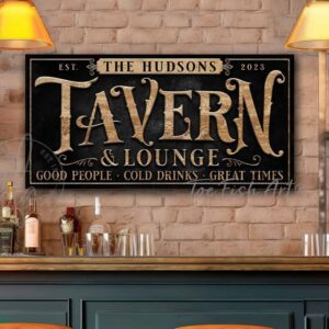 Toe Fish Art Tavern & Lounge Canvas or Metal Personalize-able Bar wall decor sign USA handmade by ToeFishArt. Original, custom, personalized wall decor signs. Canvas, Wood or Metal. Rustic modern farmhouse, cottagecore, vintage, retro, industrial, Americana, primitive, country, coastal, minimalist.