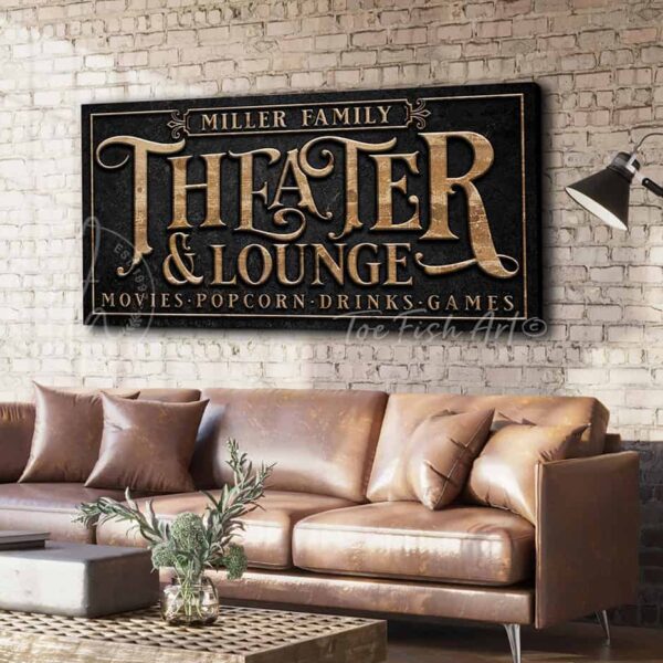 Toe Fish Art Theater & Lounge Canvas or Outdoor Metal Personalize-able Custom Sign, Slate Black, Knotty Tan woodgrain lettering, Matte Silver lettering, custom wording options, handmade by ToeFishArt. Personalize-able Canvas or Outdoor Exterior Commercial-Grade Metal Sign handmade in the USA and built to last a lifetime by ToeFishArt. Add your family name and favorite saying to this beautiful artwork for unique eye-catching appeal indoors or for your outdoor living hangout space. Color and wording options available. Original, custom, personalized wall decor signs. Canvas, Wood or Metal. Rustic modern farmhouse, cottagecore, vintage, retro, industrial, Americana, primitive, country, coastal, minimalist.