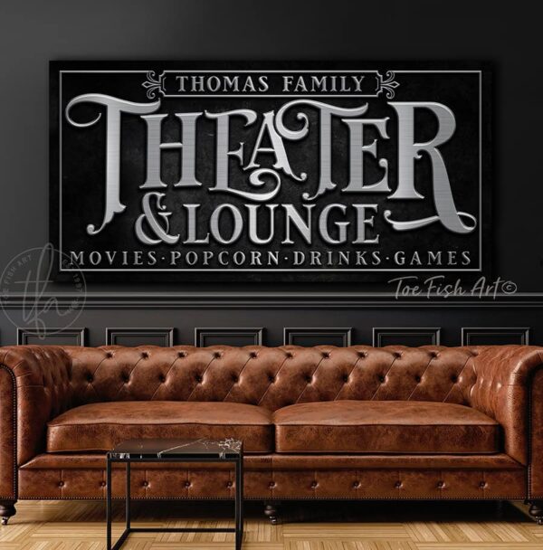 Toe Fish Art Theater & Lounge Canvas or Outdoor Metal Personalize-able Custom Sign, Slate Black, Knotty Tan woodgrain lettering, Matte Silver lettering, custom wording options, handmade by ToeFishArt. Personalize-able Canvas or Outdoor Exterior Commercial-Grade Metal Sign handmade in the USA and built to last a lifetime by ToeFishArt. Add your family name and favorite saying to this beautiful artwork for unique eye-catching appeal indoors or for your outdoor living hangout space. Color and wording options available. Original, custom, personalized wall decor signs. Canvas, Wood or Metal. Rustic modern farmhouse, cottagecore, vintage, retro, industrial, Americana, primitive, country, coastal, minimalist.