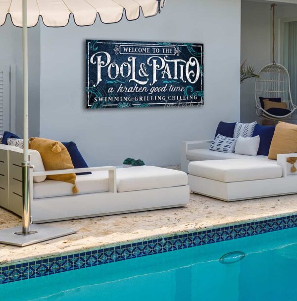 Pool & Patio Personalize-able Canvas or Outdoor Exterior Commercial-Grade Metal Sign handmade in the USA and built to last a lifetime by ToeFishArt. Add your family name to this beautiful vibrant colorful kraken octopus nautical pirates Caribbean theme artwork for unique eye-catching appeal. Original, custom, personalized wall decor signs. Canvas, Wood or Metal. Rustic modern farmhouse, cottagecore, vintage, retro, industrial, Americana, primitive, country, coastal, minimalist.