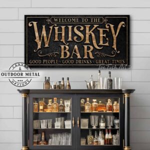 Whiskey Bar Personalize-able Canvas or Metal Rustic-Industrial Sign, Custom Color Options, wall hanging canvas or outdoor exterior metal great for outdoor living spaces outdoor kitchen and Bar area patio wall decor handmade in the USA by the Toe Fish Art family artists. Original, custom, personalized wall decor signs. Canvas, Wood or Metal. Rustic modern farmhouse, cottagecore, vintage, retro, industrial, Americana, primitive, country, coastal, minimalist.