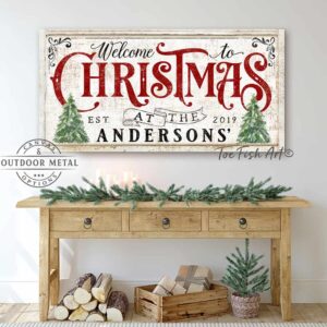 Welcome To Christmas Sign handmade by ToeFishArt. Original, custom, personalized wall decor signs. Canvas, Wood or Metal. Rustic modern farmhouse, cottagecore, vintage, retro, industrial, Americana, primitive, country, coastal, minimalist.