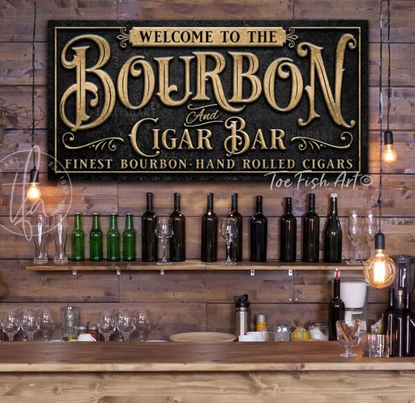 ToeFishArt Bourbon and Cigar Bar Canvas or Outdoor Metal Personalized Sign, Slate Black with Rustic Gold lettering, Finest Bourbon Hand Rolled Cigars handmade by ToeFishArt. Personalize-able Canvas or Outdoor Exterior Commercial-Grade Metal Sign handmade in the USA and built to last a lifetime by ToeFishArt. Add your family name and date to this beautiful artwork for unique eye-catching appeal indoors or for your outdoor living space. Color options available. Original, custom, personalized wall decor signs. Canvas, Wood or Metal. Rustic modern farmhouse, cottagecore, vintage, retro, industrial, Americana, primitive, country, coastal, minimalist.