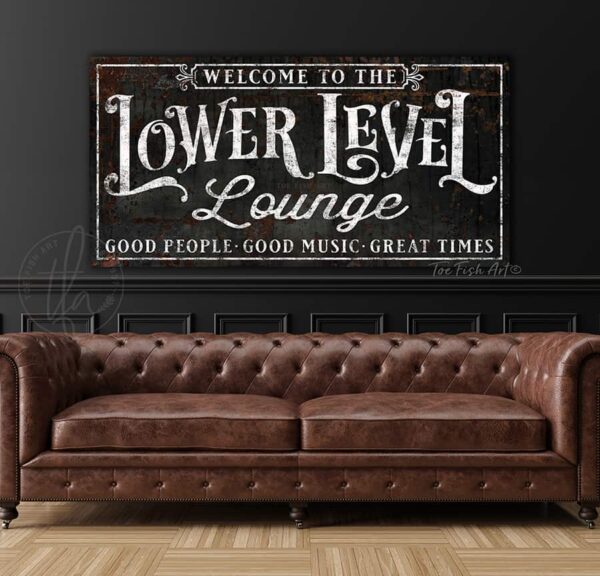 ToeFishArt Welcome to the Lower Level Lounge Non-Personalized Sign, Rustic Dark with Rustic White Lettering, Good People Good Music Great Times sign handmade by ToeFishArt. Personalize-able Canvas or Outdoor Exterior Commercial-Grade Metal Sign handmade in the USA and built to last a lifetime by ToeFishArt. Add your family name and date to this beautiful artwork for unique eye-catching appeal. Color options available. Original, custom, personalized wall decor signs. Canvas, Wood or Metal. Rustic modern farmhouse, cottagecore, vintage, retro, industrial, Americana, primitive, country, coastal, minimalist.