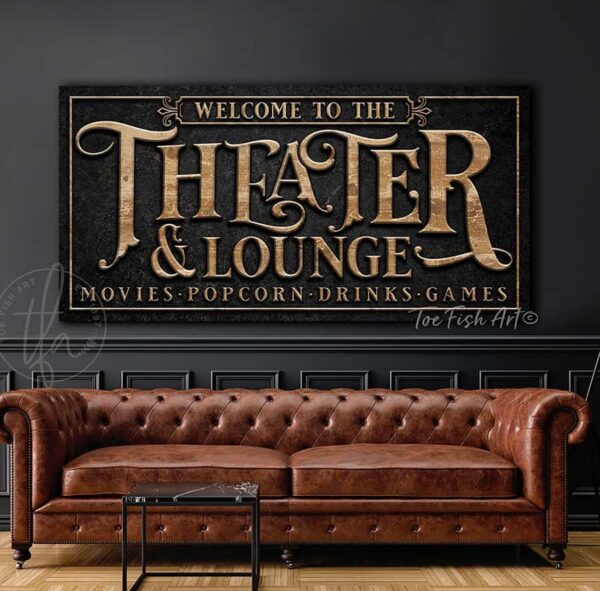 Toe Fish Art Theater & Lounge Canvas or Outdoor Metal Personalize-able Custom Sign, Slate Black, Knotty Tan woodgrain lettering, Matte Silver lettering, custom wording options, handmade by ToeFishArt. Personalize-able Canvas or Outdoor Exterior Commercial-Grade Metal Sign handmade in the USA and built to last a lifetime by ToeFishArt. Add your family name and favorite saying to this beautiful artwork for unique eye-catching appeal indoors or for your outdoor living hangout space. Color and wording options available. Original, custom, personalized wall decor signs. Canvas, Wood or Metal. Rustic modern farmhouse, cottagecore, vintage, retro, industrial, Americana, primitive, country, coastal, minimalist.