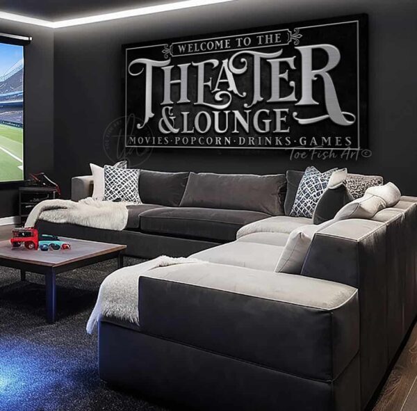 Toe Fish Art Theater & Lounge Canvas or Outdoor Metal Personalize-able Custom Sign, Slate Black, Knotty Tan woodgrain lettering, Matte Silver lettering, custom wording options, handmade by ToeFishArt. Personalize-able Canvas or Outdoor Exterior Commercial-Grade Metal Sign handmade in the USA and built to last a lifetime by ToeFishArt. Add your family name and favorite saying to this beautiful artwork for unique eye-catching appeal indoors or for your outdoor living hangout space. Color and wording options available. Original, custom, personalized wall decor signs. Canvas, Wood or Metal. Rustic modern farmhouse, cottagecore, vintage, retro, industrial, Americana, primitive, country, coastal, minimalist.