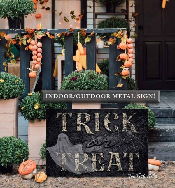 Trick or Treat Ghost Sign handmade by ToeFishArt. Trick or Treat Ghost Sign handcrafted in the USA in Indoor Canvas or Outdoor Metal for the ultimate Halloween Home Decor. Original, custom, personalized wall decor signs. Canvas, Wood or Metal. Rustic modern farmhouse, cottagecore, vintage, retro, industrial, Americana, primitive, country, coastal, minimalist.