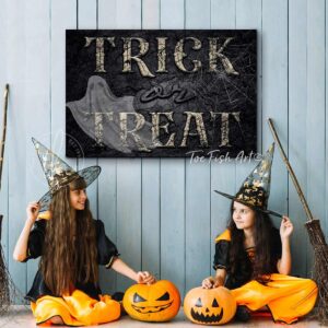 Trick or Treat Sign handmade by ToeFishArt. Original, custom, personalized wall decor signs. Canvas, Wood or Metal. Rustic modern farmhouse, cottagecore, vintage, retro, industrial, Americana, primitive, country, coastal, minimalist.