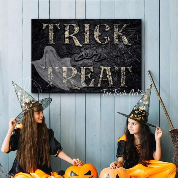 Trick or Treat Ghost Sign handmade by ToeFishArt. Trick or Treat Ghost Sign handcrafted in the USA in Indoor Canvas or Outdoor Metal for the ultimate Halloween Home Decor. Original, custom, personalized wall decor signs. Canvas, Wood or Metal. Rustic modern farmhouse, cottagecore, vintage, retro, industrial, Americana, primitive, country, coastal, minimalist.