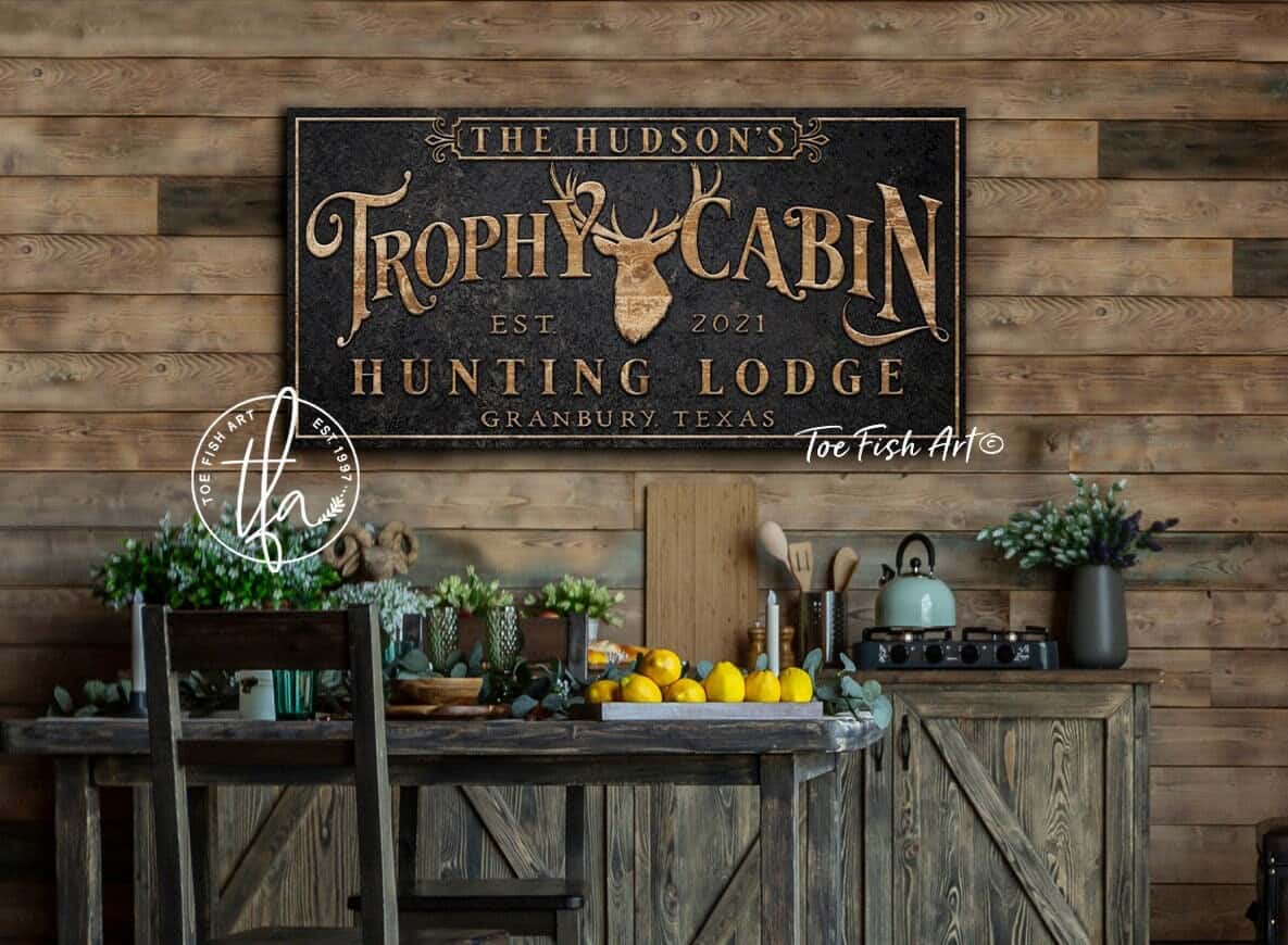 Personalized Trophy Cabin Hunting Lodge Sign with Buck ToeFishArt