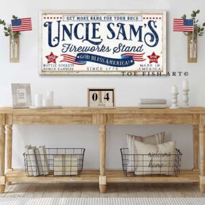 Uncle Sam's Fireworks Stand Sign handmade by ToeFishArt. Original, custom, personalized wall decor signs. Canvas, Wood or Metal. Rustic modern farmhouse, cottagecore, vintage, retro, industrial, Americana, primitive, country, coastal, minimalist.