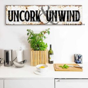 Uncork & Unwind Rustic Sign handmade by ToeFishArt. Original, custom, personalized wall decor signs. Canvas, Wood or Metal. Rustic modern farmhouse, cottagecore, vintage, retro, industrial, Americana, primitive, country, coastal, minimalist.