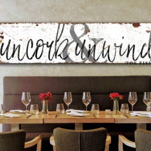 Uncork & Unwind Sign Rustic Handlettered Art handmade by ToeFishArt. Original, custom, personalized wall decor signs. Canvas, Wood or Metal. Rustic modern farmhouse, cottagecore, vintage, retro, industrial, Americana, primitive, country, coastal, minimalist.