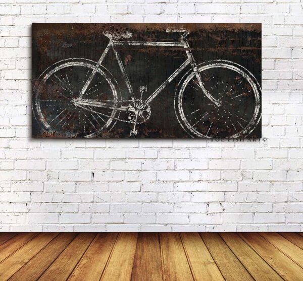 Vintage Bicycle Sign handmade by ToeFishArt. Original, custom, personalized wall decor signs. Canvas, Wood or Metal. Rustic modern farmhouse, cottagecore, vintage, retro, industrial, Americana, primitive, country, coastal, minimalist.
