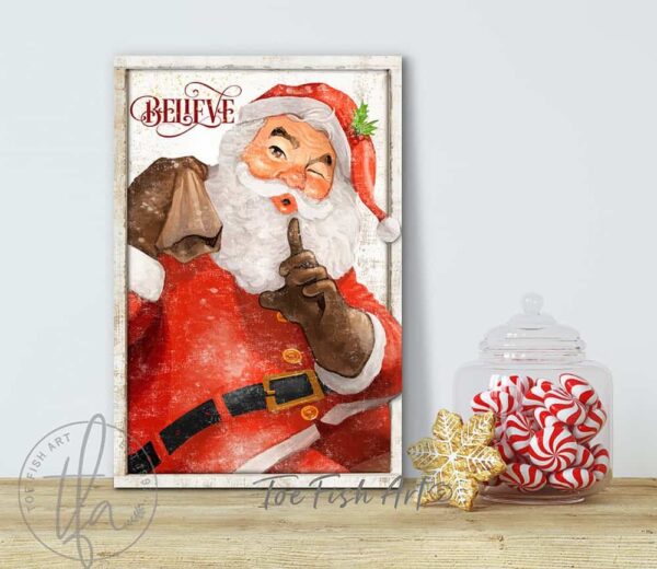 Vintage Ho Ho Ho Santa handmade by ToeFishArt. Original, custom, personalized wall decor signs. Canvas, Wood or Metal. Rustic modern farmhouse, cottagecore, vintage, retro, industrial, Americana, primitive, country, coastal, minimalist.