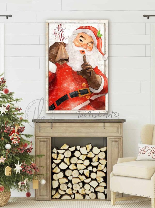 Vintage Ho Ho Ho Santa handmade by ToeFishArt. Original, custom, personalized wall decor signs. Canvas, Wood or Metal. Rustic modern farmhouse, cottagecore, vintage, retro, industrial, Americana, primitive, country, coastal, minimalist.