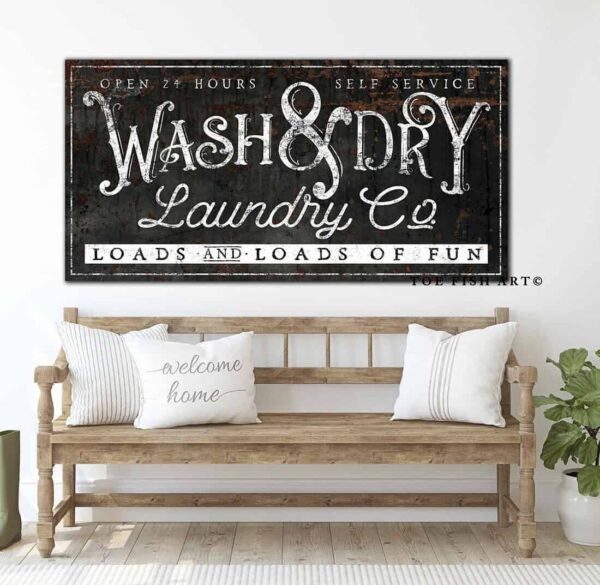 Wash & Dry Laundry Co. Sign handmade by ToeFishArt. Original, custom, personalized wall decor signs. Canvas, Wood or Metal. Rustic modern farmhouse, cottagecore, vintage, retro, industrial, Americana, primitive, country, coastal, minimalist.