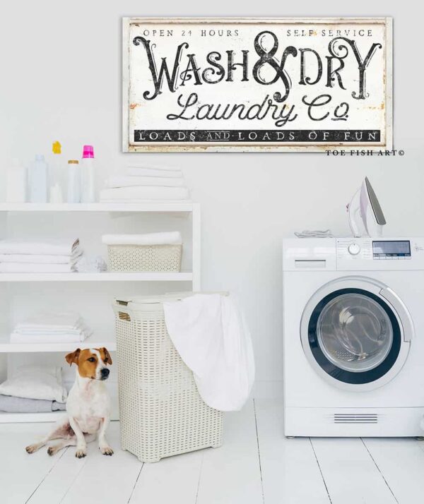 Wash & Dry Laundry Co. Sign handmade by ToeFishArt. Original, custom, personalized wall decor signs. Canvas, Wood or Metal. Rustic modern farmhouse, cottagecore, vintage, retro, industrial, Americana, primitive, country, coastal, minimalist.