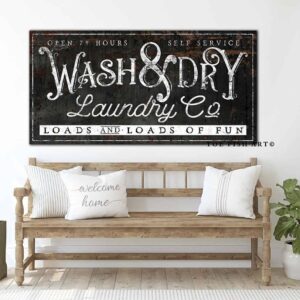 Wash & Dry Laundry Co. Sign handmade by ToeFishArt. Original, custom, personalized wall decor signs. Canvas, Wood or Metal. Rustic modern farmhouse, cottagecore, vintage, retro, industrial, Americana, primitive, country, coastal, minimalist.