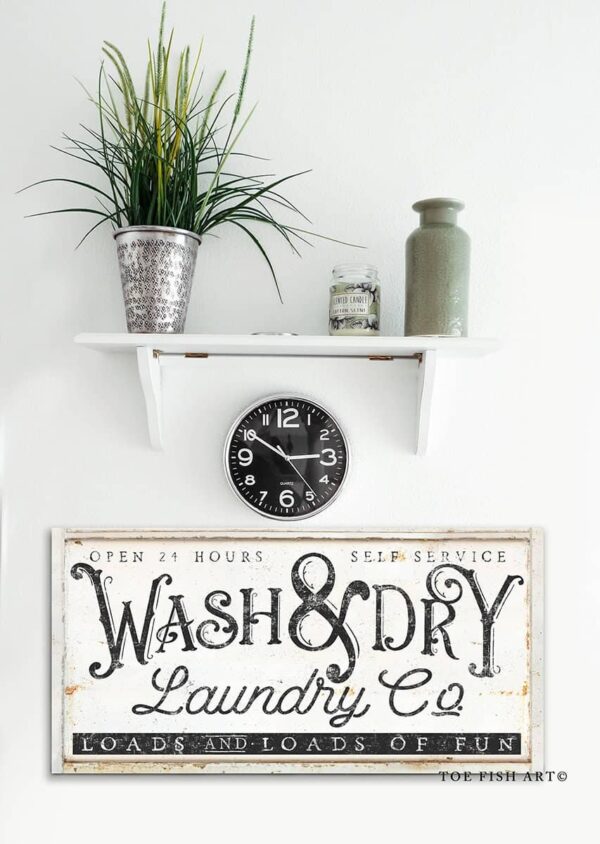 Wash & Dry Laundry Co. Sign handmade by ToeFishArt. Original, custom, personalized wall decor signs. Canvas, Wood or Metal. Rustic modern farmhouse, cottagecore, vintage, retro, industrial, Americana, primitive, country, coastal, minimalist.