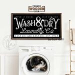 Wash & Dry Laundry Co. Sign handmade by ToeFishArt. Original, custom, personalized wall decor signs. Canvas, Wood or Metal. Rustic modern farmhouse, cottagecore, vintage, retro, industrial, Americana, primitive, country, coastal, minimalist.
