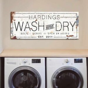 Wash and Dry Self Serve Sign handmade by ToeFishArt. Original, custom, personalized wall decor signs. Canvas, Wood or Metal. Rustic modern farmhouse, cottagecore, vintage, retro, industrial, Americana, primitive, country, coastal, minimalist.