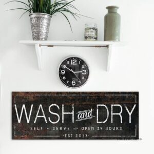 Wash and Dry Sign handmade by ToeFishArt. Original, custom, personalized wall decor signs. Canvas, Wood or Metal. Rustic modern farmhouse, cottagecore, vintage, retro, industrial, Americana, primitive, country, coastal, minimalist.
