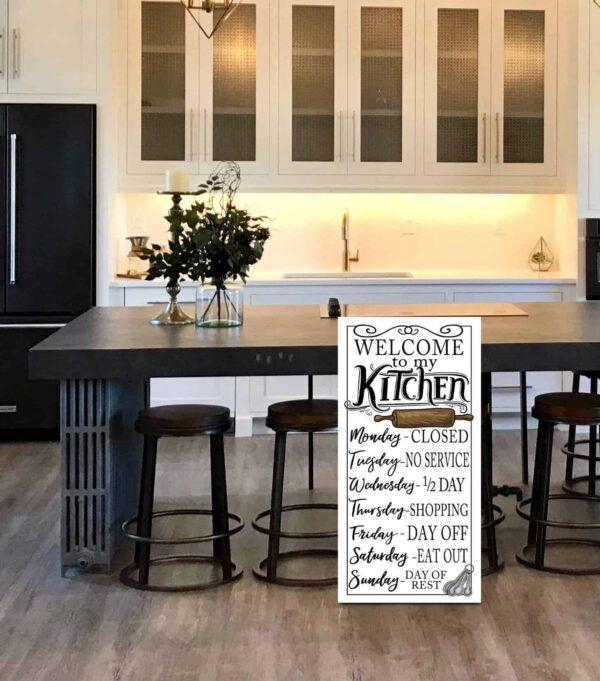 Welcome To My Kitchen Sign handmade by ToeFishArt. Original, custom, personalized wall decor signs. Canvas, Wood or Metal. Rustic modern farmhouse, cottagecore, vintage, retro, industrial, Americana, primitive, country, coastal, minimalist.