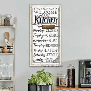 Welcome To My Kitchen Sign handmade by ToeFishArt. Original, custom, personalized wall decor signs. Canvas, Wood or Metal. Rustic modern farmhouse, cottagecore, vintage, retro, industrial, Americana, primitive, country, coastal, minimalist.