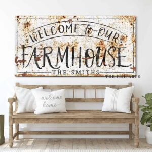 Welcome To Our Farmhouse Sign handmade by ToeFishArt. Original, custom, personalized wall decor signs. Canvas, Wood or Metal. Rustic modern farmhouse, cottagecore, vintage, retro, industrial, Americana, primitive, country, coastal, minimalist.