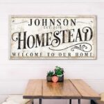 Welcome To Our Home Homestead Sign handmade by ToeFishArt. Original, custom, personalized wall decor signs. Canvas, Wood or Metal. Rustic modern farmhouse, cottagecore, vintage, retro, industrial, Americana, primitive, country, coastal, minimalist.