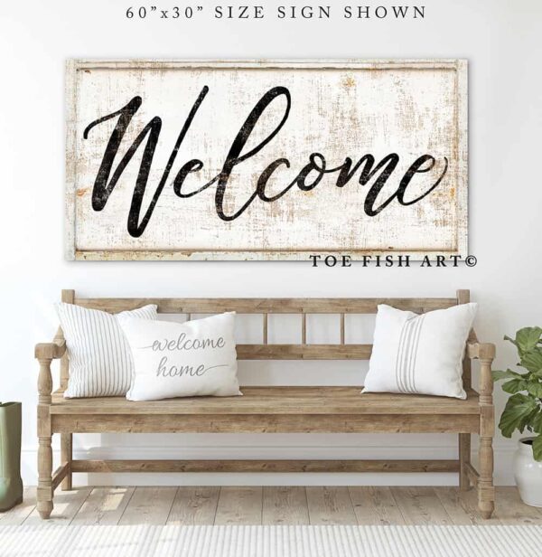 Welcome To Our Home Sign handmade by ToeFishArt. Original, custom, personalized wall decor signs. Canvas, Wood or Metal. Rustic modern farmhouse, cottagecore, vintage, retro, industrial, Americana, primitive, country, coastal, minimalist.